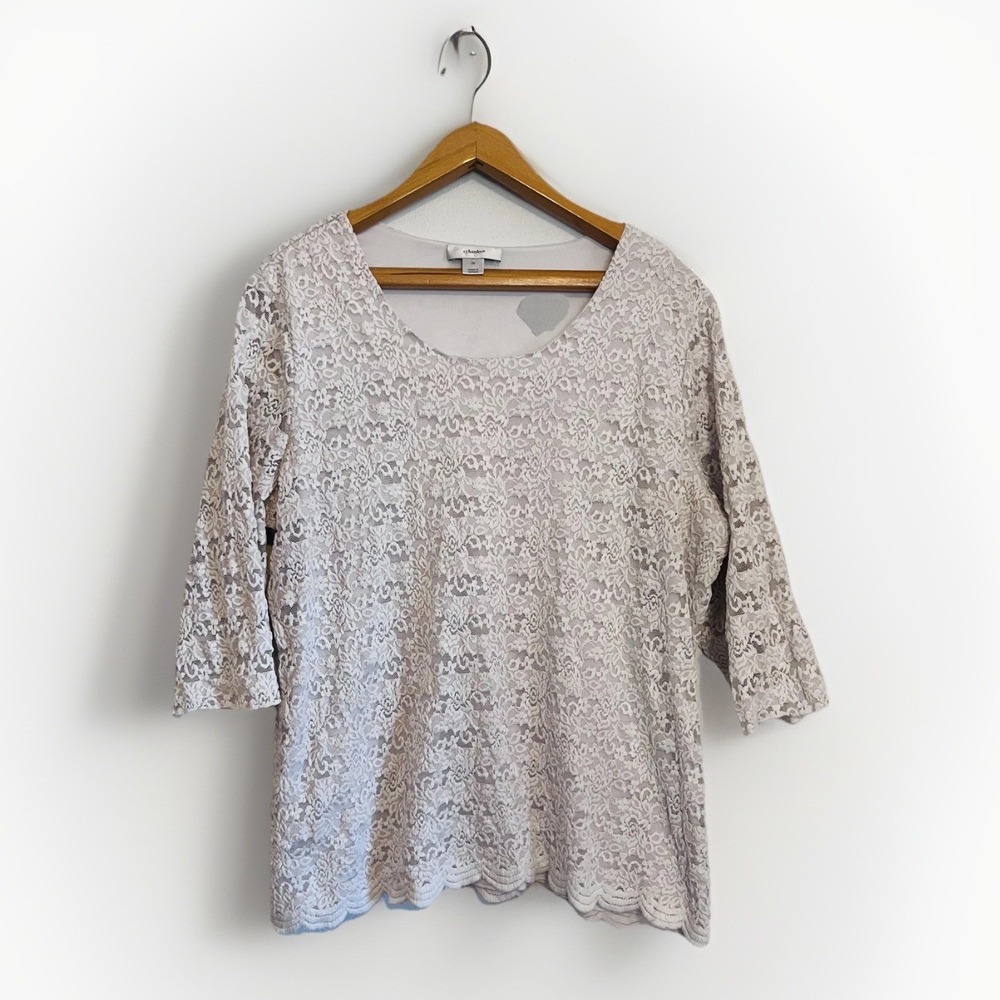 CJ Banks Blouse Womens 2X White Floral Lace Scoop Neck‎ 3/4 Sleeve Lined Top